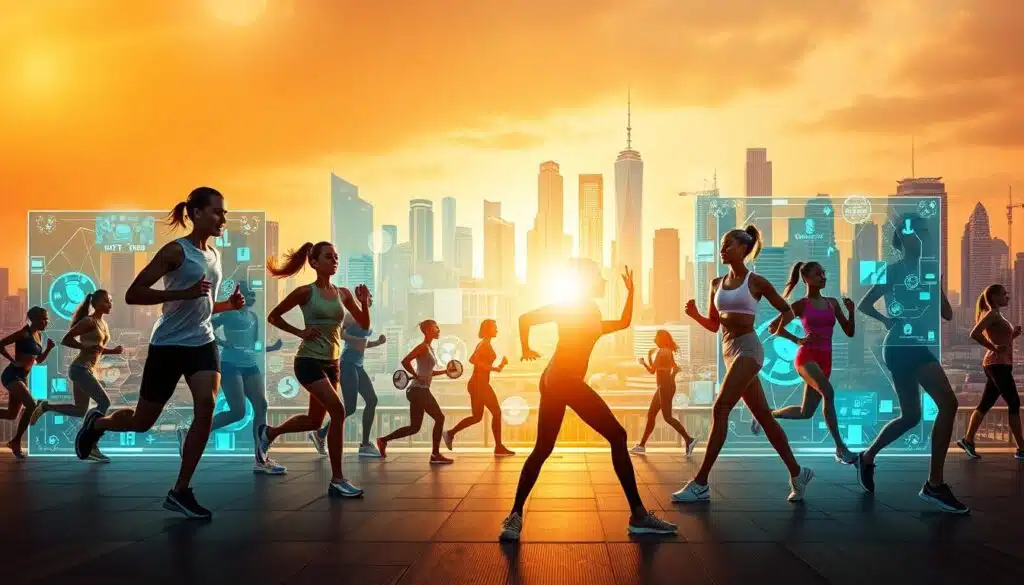 Opportunities challenges nft fitness landscape A vibrant, dynamic scene depicting the opportunities and challenges in the emerging NFT fitness landscape. In the foreground, a group of diverse individuals engage in various fitness activities - running, weightlifting, yoga - against a backdrop of futuristic, holographic NFT displays. The middle ground features a mix of cutting-edge fitness tech and blockchain-enabled platforms, symbolizing the innovative intersection of fitness and Web3. The background showcases a cityscape with towering skyscrapers, hinting at the scale and potential of this evolving ecosystem. Warm, golden lighting bathes the scene, creating an atmosphere of excitement and possibility. The composition highlights the convergence of physical and digital realms, inviting the viewer to explore the vast potential of this transformative fitness frontier.
