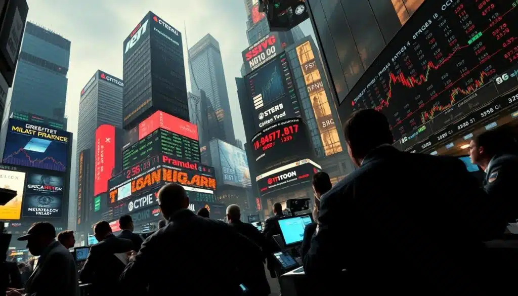 Prompt A dynamic, high-contrast scene depicting the frenzied global trading markets, with real-time data streams and charts projected onto skyscrapers and digital displays. The foreground shows traders frantically analyzing information and making split-second decisions, while the background is a blur of towering financial hubs and pulsing neon lights. The lighting is harsh and dramatic, casting long shadows and creating a sense of urgency and intensity. The overall atmosphere conveys the relentless, 24-hour nature of the manipulative forces at play in the cryptocurrency markets.