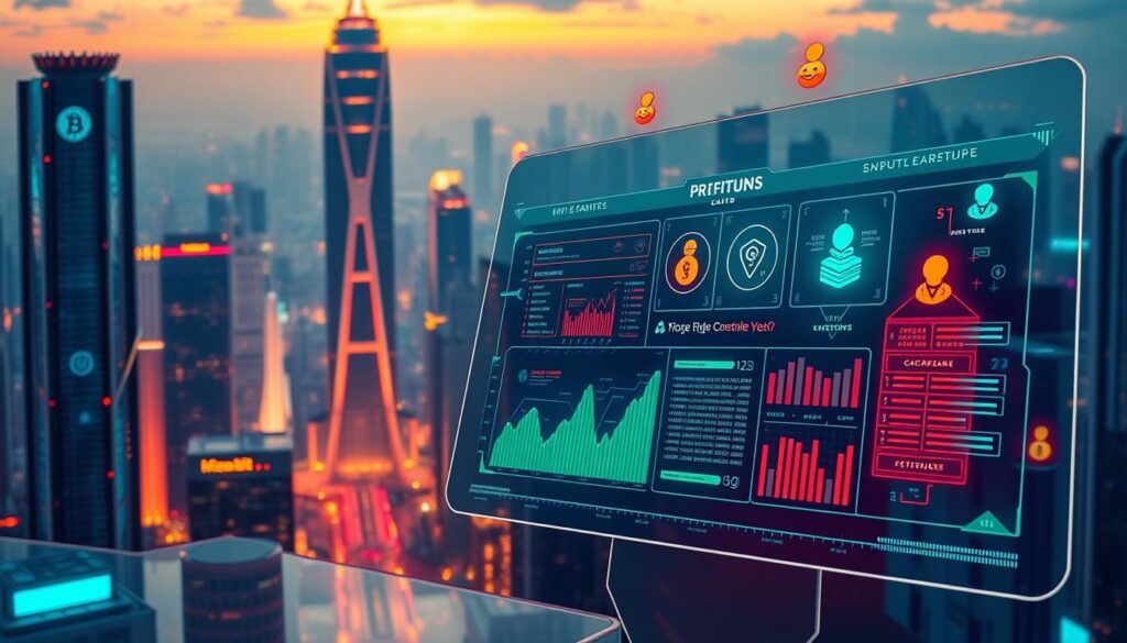 Prompt A futuristic cityscape bathed in a warm, neon-tinged glow. Towering skyscrapers adorned with holographic crypto symbols and floating NFT avatars. In the foreground, a sleek, transparent display panel showcases intricate data visualizations and reward structures, enticing viewers to engage and earn digital incentives. The scene conveys a sense of technological progress, financial innovation, and the allure of a new era of decentralized digital economies.