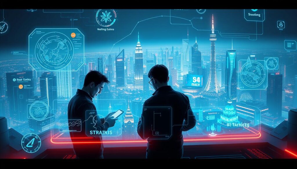 Prompt A futuristic landscape of advanced blockchain gaming strategies, with intricate interfaces and holographic data visualizations hovering in the foreground. In the middle ground, two players engage in a strategic NFT breeding session, their faces illuminated by the glow of their devices. In the background, a vast virtual cityscape of skyscrapers and neon-lit towers reflects the technological sophistication of this immersive gaming realm. The scene is bathed in a cool, cyberpunk-inspired color palette, with sharp shadows and highlights that emphasize the cutting-edge nature of the strategies on display. The overall mood is one of futuristic innovation and the thrill of high-stakes, skill-based NFT gaming.