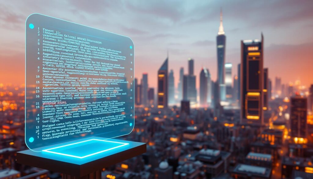 Prompt A meticulously rendered 3D illustration depicting the automation and security of smart contracts. In the foreground, a holographic display shows intricate lines of code, representing the self-executing nature of smart contracts. In the middle ground, a secure blockchain network serves as the foundation, with nodes verifying transactions and enforcing contract terms. In the background, a futuristic cityscape with towering skyscrapers symbolizes the ubiquity of blockchain technology in the modern world. The scene is bathed in a warm, ambient lighting, conveying a sense of technological sophistication and reliability.