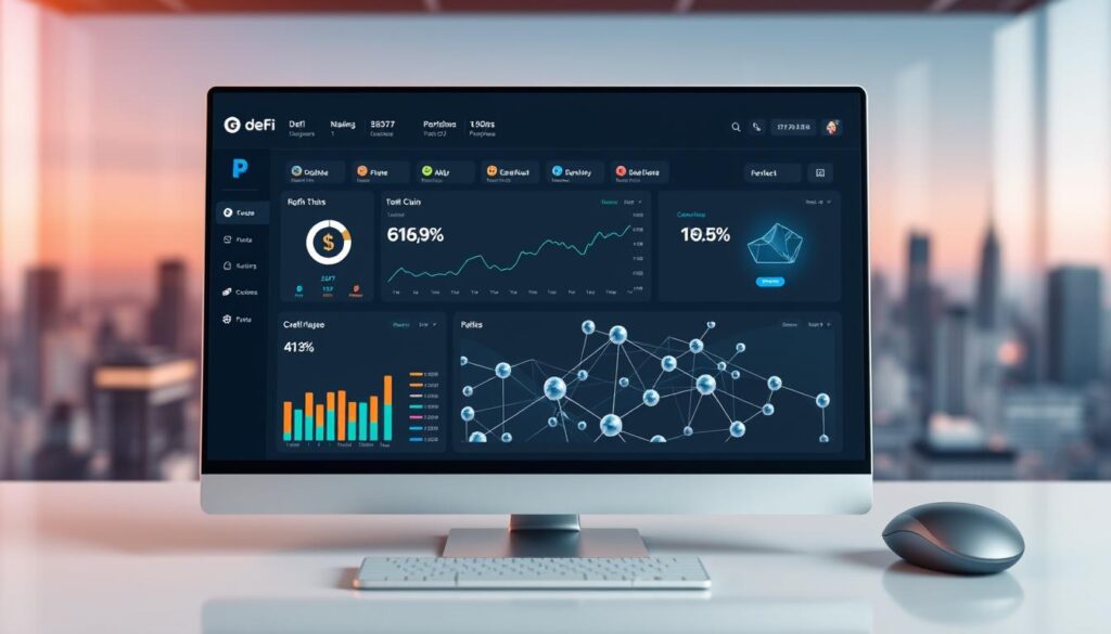 Prompt A sleek and modern-looking desktop displaying an interactive dashboard for tracking a diverse DeFi and NFT portfolio. The foreground features various cryptocurrency logos, trading charts, and portfolio performance metrics, all presented in a clean, minimalist UI design. The middle ground showcases a 3D rendered model of a multi-chain network, with interconnected nodes representing different blockchain protocols. The background has a soft, blurred cityscape skyline, evoking a sense of technological advancement and financial innovation. The overall scene is bathed in a warm, ambient lighting that creates a professional, futuristic atmosphere.