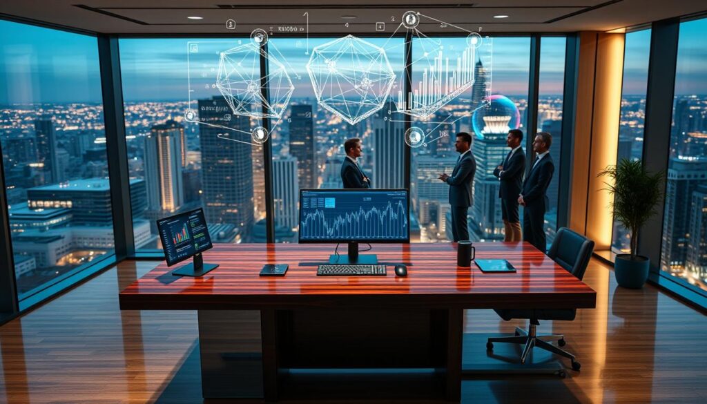 Prompt A sleek, modern office interior with floor-to-ceiling windows offering a panoramic view of a bustling city skyline. In the foreground, a polished mahogany desk with a cutting-edge computer setup, holographic displays, and a futuristic blockchain ledger interface. Hovering above the desk, an AI-powered algorithm visualizes intricate financial data, analyzing market trends and investment opportunities. In the middle ground, a team of analysts in sharp suits collaborate, discussing strategies for a high-tech hedge fund that seamlessly integrates blockchain technology and artificial intelligence. The background is filled with the ambient glow of city lights, creating a sophisticated, tech-forward atmosphere.