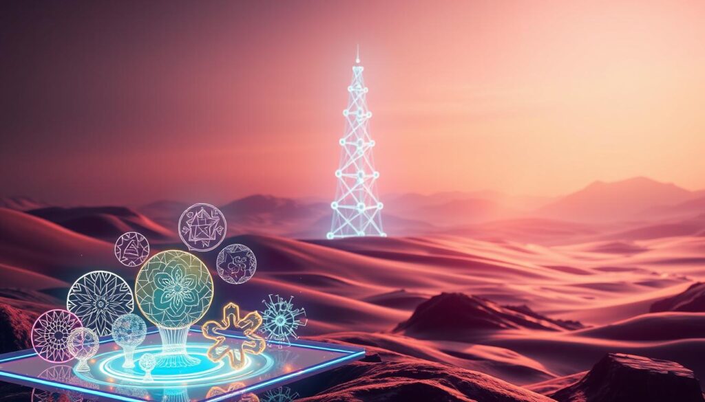 Prompt A vibrant and futuristic scene depicting the essence of NFT characteristics and blockchain technology. In the foreground, a radiant holographic display showcases a range of unique NFT artworks, each with intricate, abstract designs. In the middle ground, a towering blockchain network structure emerges, its nodes interconnected with glowing energy lines. The background is a sleek, minimalist landscape with a sense of depth and dimension, illuminated by a soft, warm lighting that creates a captivating atmosphere. The entire composition conveys a harmonious blend of digital innovation, artistic expression, and the transformative power of decentralized technology. Prompt A vibrant and futuristic scene depicting the essence of NFT characteristics and blockchain technology. In the foreground, a radiant holographic display showcases a range of unique NFT artworks, each with intricate, abstract designs. In the middle ground, a towering blockchain network structure emerges, its nodes interconnected with glowing energy lines. The background is a sleek, minimalist landscape with a sense of depth and dimension, illuminated by a soft, warm lighting that creates a captivating atmosphere. The entire composition conveys a harmonious blend of digital innovation, artistic expression, and the transformative power of decentralized technology.