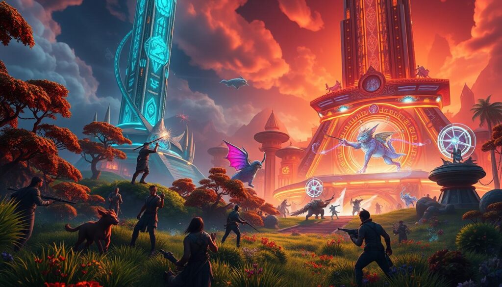 Prompt A vibrant, cinematic scene of two interconnected gaming NFT staking platforms. In the foreground, a group of players immersed in the Splinterlands fantasy card game, their avatars battling on a lush, mystical landscape. In the middle ground, the Axie Infinity universe comes to life, with colorful, whimsical creatures engaging in strategic battles. The background features a towering, futuristic staking platform, its sleek architecture and holographic interfaces casting an ethereal glow over the entire scene. The lighting is dramatic, with warm tones and dynamic shadows, creating a sense of energy and excitement. The overall composition conveys the convergence of gaming, blockchain technology, and the promise of passive income through NFT staking. Prompt A vibrant, cinematic scene of two interconnected gaming NFT staking platforms. In the foreground, a group of players immersed in the Splinterlands fantasy card game, their avatars battling on a lush, mystical landscape. In the middle ground, the Axie Infinity universe comes to life, with colorful, whimsical creatures engaging in strategic battles. The background features a towering, futuristic staking platform, its sleek architecture and holographic interfaces casting an ethereal glow over the entire scene. The lighting is dramatic, with warm tones and dynamic shadows, creating a sense of energy and excitement. The overall composition conveys the convergence of gaming, blockchain technology, and the promise of passive income through NFT staking.
