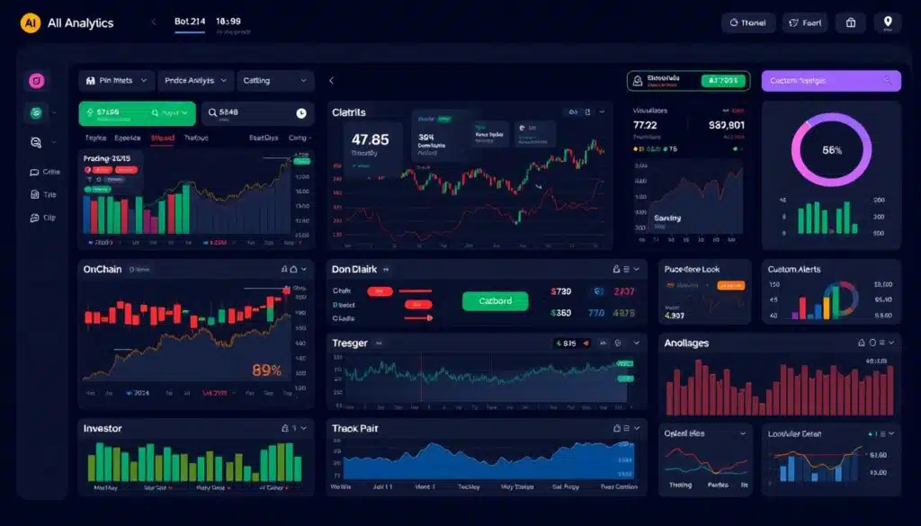 Prompt A well-designed dashboard displaying cutting-edge AI crypto analytics tools, featuring a sleek and intuitive interface. The foreground showcases a suite of interactive visualizations and data analysis widgets, ranging from price charts and trading indicators to on-chain metrics and investor sentiment analysis. The middle ground depicts a comprehensive market overview, with real-time data feeds and custom alerts. In the background, a minimalist layout with a dark color scheme sets the tone for a professional, cutting-edge crypto analytics platform. Vibrant colors, clean typography, and a balance of informative and actionable insights create a visually striking and highly functional user experience.
