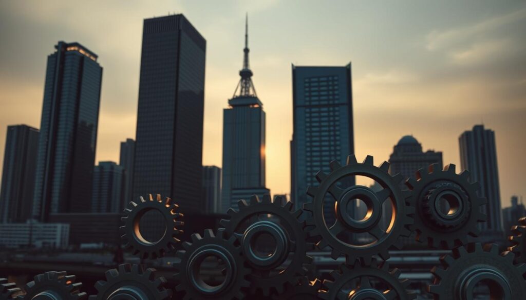 Regulatory frameworks, a complex web of policies and guidelines, cast a pensive glow across a cityscape. Towering skyscrapers represent the financial institutions subject to these frameworks, their facades reflecting the intricate interplay of rules and regulations. In the foreground, a series of interconnected gears and cogs symbolize the mechanisms that drive the implementation and enforcement of these frameworks, their precise movements evoking a sense of order and control. The background is bathed in a muted color palette, conveying the seriousness and gravity of the subject matter. Soft, directional lighting accentuates the architectural details, creating a sense of depth and dimension. The overall composition suggests the delicate balance between innovation, compliance, and the evolving landscape of the financial industry.
