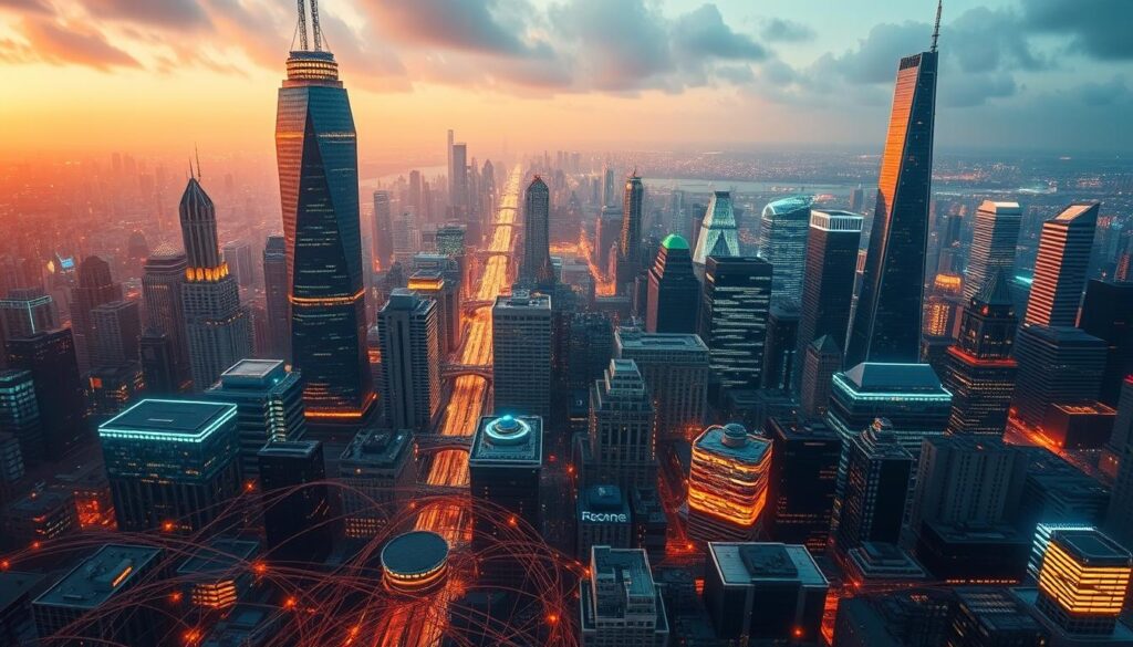 Risks and challenges in tokenization: a dynamic cityscape with towering blockchain-inspired structures, glowing with an aura of digital complexity. In the foreground, a tangled web of code and data streams, symbolizing the intricacies of asset digitization. The middle ground features a diverse array of stakeholders – investors, regulators, and technologists – navigating the labyrinth of regulations and security concerns. The background showcases the ever-evolving technology landscape, with emerging trends and innovations casting a futuristic glow over the scene. The overall atmosphere conveys the delicate balance between opportunity and risk in the world of blockchain tokenization.