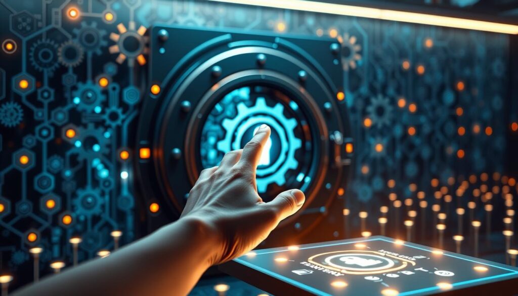 Secure crypto transactions: A digital vault adorned with interlocking gears, surrounded by a field of glowing blockchain nodes. Soft, ethereal lighting casts a serene atmosphere, while sleek, high-tech interfaces and biometric scanners convey the robust security measures in place. In the foreground, a hand reaches towards a holographic display, initiating a seamless, encrypted transaction. The background subtly hints at the wider adoption of cryptocurrency, with subtle nods to financial institutions and global connectivity.
