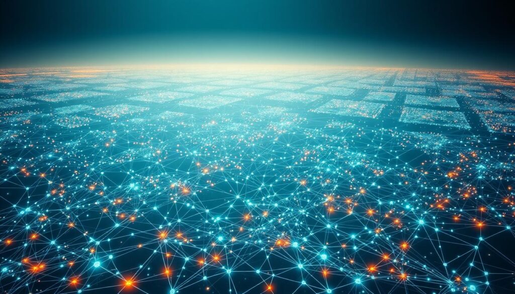 Stunning aerial view of a vast, transparent blockchain network. In the foreground, a complex web of interconnected nodes and transactions, glowing with a vibrant, ethereal energy. The middle ground reveals the decentralized, permissionless nature of the system, with no single point of control or authority. In the distance, the horizon is dominated by a breathtaking array of distributed data, constantly updating and validating itself, creating an ever-evolving, trustless landscape. The lighting is dramatic, casting long shadows and highlighting the intricate details of this open, transparent ecosystem. The overall mood is one of power, dynamism, and the liberating potential of decentralized technology.