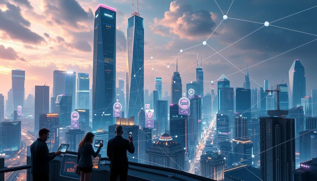 Stunning futuristic cityscape with towering skyscrapers and neon-lit holographic displays. In the foreground, a group of figures interact with floating digital interfaces, immersed in the world of NFT staking and DeFi innovation. Intricate blockchain networks criss-cross the urban landscape, linking digital assets and decentralized financial systems. The scene is bathed in a soft, ethereal glow, creating an atmosphere of technological wonder and boundless potential. A glimpse into the not-so-distant future, where the convergence of NFTs and DeFi transforms the way we interact with digital economies.