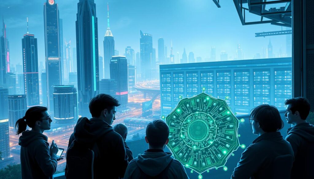 Sustainable blockchain gaming challenges: a futuristic cityscape with towering skyscrapers, neon-lit streets, and holographic displays. In the foreground, a group of gamers and developers engaged in intense discussions, their expressions a mix of concern and determination. The middle ground features a blockchain node, its intricate circuitry glowing with energy, symbolizing the technological backbone of the gaming ecosystem. In the background, a vast data center hums with the processing power needed to support the demands of decentralized gaming. The scene is bathed in a cool, bluish light, conveying a sense of innovation and environmental responsibility. The overall atmosphere suggests the complexities and ethical considerations inherent in the intersection of blockchain technology, gaming, and sustainability.