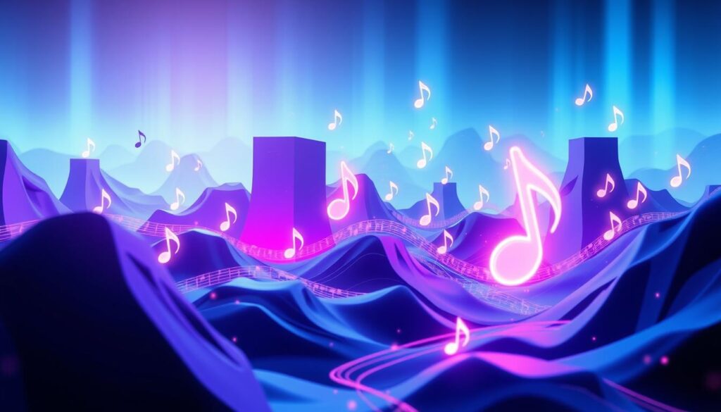 Tokenization nft music: A futuristic digital landscape unfolds, where musical notes and blockchain symbols coalesce in a captivating dance. Sleek, minimalist structures in shades of blue and purple create a sense of technological sophistication, while ethereal, holographic elements float weightlessly, representing the decentralized, tokenized nature of the music industry. Vibrant neon accents and a subtle, pulsing rhythm evoke the energy and dynamism of the blockchain-powered music ecosystem. The composition is balanced, with clean lines and a harmonious flow, reflecting the innovative potential of this emerging technology to revolutionize how music is created, distributed, and monetized.