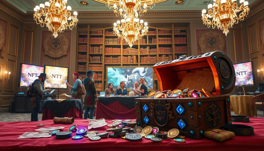 Vibrant and whimsical scene of a treasure hunt setup for an NFT event. In the foreground, a large treasure chest adorned with intricate carvings and glowing gems sits open, spilling out digital tokens and coins. Behind it, a group of adventurers in costumes and masks gather around a table covered in clues, maps, and mysterious artifacts. The middle ground features a backdrop of towering bookshelves filled with ancient tomes and glowing screens displaying NFT artwork. Soft, warm lighting illuminates the scene, creating an atmosphere of excitement and anticipation. The background showcases a grand, ornate ballroom with high ceilings and ornate chandeliers, hinting at the grandeur of the event. Overall, the image conveys the thrill and discovery of an NFT treasure hunt.
