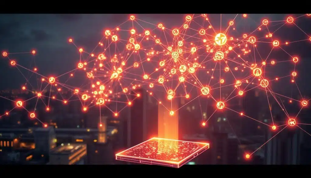 Vibrant blockchain nodes intertwine, forming an intricate web of alternative oracle solutions. Shimmering data flows between them, visualizing the diverse use cases - from decentralized finance to supply chain management, smart contracts to prediction markets. A holographic display in the foreground showcases these innovative applications, bathed in a warm, futuristic glow. The background depicts a cityscape, hinting at the real-world impact of these blockchain-based oracles. Crisp, cinematic lighting accentuates the scene, creating a sense of depth and technological sophistication.
