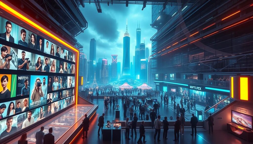 Vibrant blockchain-powered photography marketplace. In the foreground, a sleek digital gallery showcasing a diverse array of NFT art, with photographers' avatars and profiles displayed. In the middle ground, a bustling trading floor where collectors bid on exclusive digital works, facilitated by smart contracts. The background depicts a futuristic cityscape, with towering skyscrapers and glowing neon accents, representing the technological infrastructure supporting this innovative ecosystem. Soft, diffused lighting casts an ethereal glow, while a dynamic camera angle captures the energy and excitement of this dynamic, blockchain-driven platform for digital art.