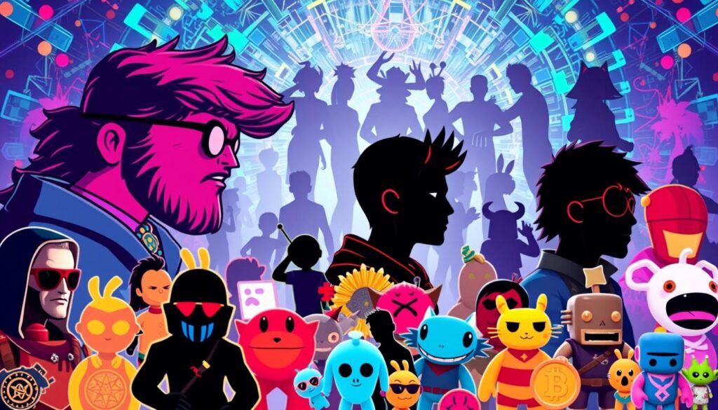 Vibrant collage of iconic NFT characters and collections, showcased in a dynamic, visually striking composition. In the foreground, prominent NFT profile picture avatars from popular projects like Bored Ape Yacht Club, CryptoPunks, and Azuki, rendered with intricate details and striking colors. The middle ground features silhouettes of various other well-known NFT collectibles, hinting at the breadth and diversity of the ecosystem. The background is a kaleidoscope of abstract digital art patterns, suggesting the cutting-edge, technological nature of the NFT space. The overall scene conveys a sense of energy, innovation, and the growing cultural influence of non-fungible tokens.