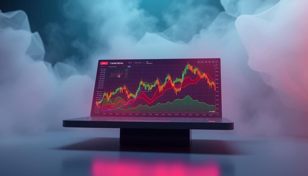 Visualize the intricate dance of cryptocurrency correlation data. A sleek, futuristic data dashboard floats in a hazy, neon-tinged 3D space, displaying dynamic charts and graphs. Vibrant lines and curves intertwine, visualizing the complex relationships between digital currencies. Subtle lighting casts an ethereal glow, highlighting the precision and clarity of the data visualization. The composition is balanced and symmetrical, drawing the viewer's eye to the center of the display. An overall sense of technological sophistication and financial insight permeates the scene, inviting the viewer to explore the hidden insights within the data.