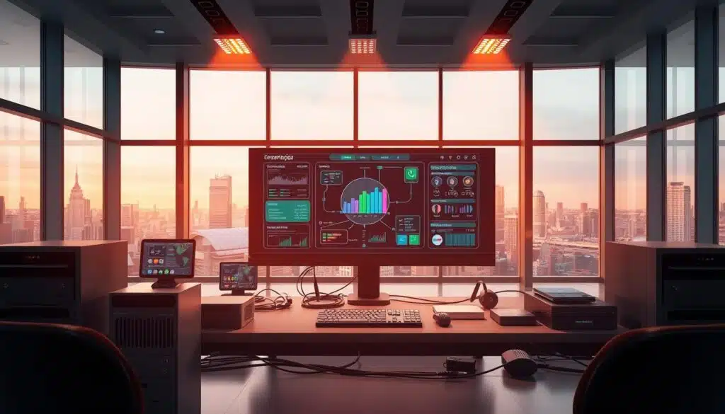 a detailed 3D render of a modern banking technology integration system, with a central control panel displaying interconnected financial data flows, surrounded by various hardware components including servers, routers, and networking cables, all set against a sleek, minimalist office environment with large windows overlooking a cityscape, bathed in warm, directional lighting from above to convey a sense of technological sophistication and financial integration
