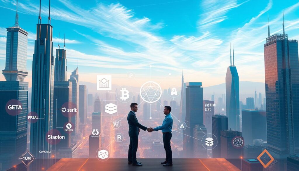a detailed and photorealistic digital illustration of the benefits of a consortium blockchain network for businesses, showcasing a futuristic cityscape with towering skyscrapers and interconnected systems, illuminated by warm lighting with a slightly hazy, ambient atmosphere. In the foreground, various corporate logos and icons representing the collaborative nature of the consortium, with data streams and blockchain visualizations floating between them. In the middle ground, a group of business professionals shaking hands, symbolizing the partnerships and synergies enabled by the consortium. In the background, a clear blue sky with wispy clouds, creating a sense of optimism and progress.