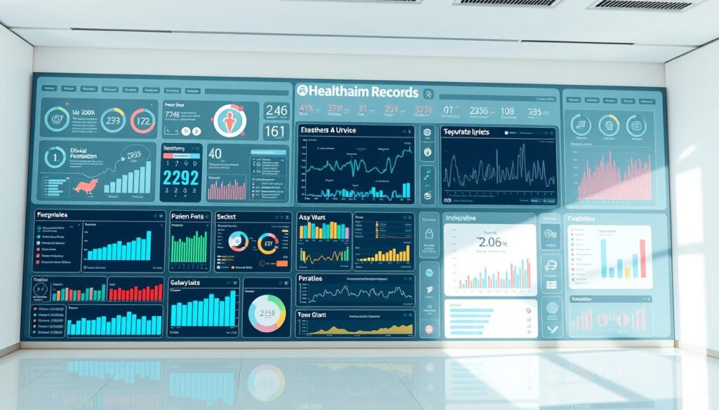 a detailed, comprehensive digital blockchain health records overview, showcasing medical data management, security, and patient privacy protocols. a minimalist, professional interface featuring clean UI elements, colorful charts, and intuitive visualizations. the scene is set in a light, airy environment with a soft, natural lighting illuminating the various components. the camera angle is slightly elevated, providing a clear, wide-angle view of the entire system. the overall mood is one of clarity, efficiency, and technological sophistication, highlighting the benefits of blockchain-based healthcare data management.