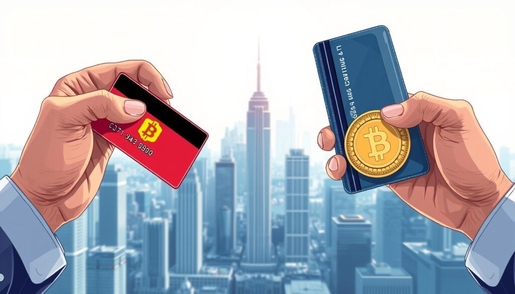a detailed digital illustration of a side-by-side comparison between cryptocurrency and traditional fiat payment methods, presented in a clean, professional style. in the foreground, two hands, one holding a physical credit card and the other holding a digital cryptocurrency wallet, symbolizing the contrast between the two payment systems. in the middle ground, a futuristic cityscape with skyscrapers in the background, representing the modern, technology-driven nature of cryptocurrency. the lighting is bright and vivid, with a cool color palette to convey a sense of innovation and progress. the overall mood is one of thoughtful analysis, inviting the viewer to consider the differences and potential advantages of each payment method.