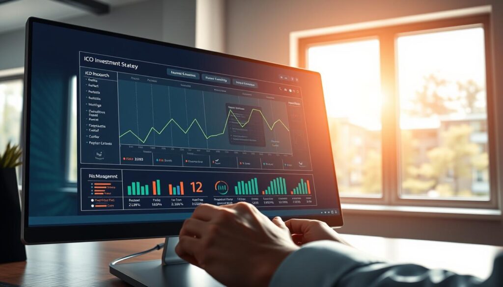 a detailed digital illustration of a successful ICO investment strategy, depicting a well-organized financial chart displayed on a sleek high-resolution computer screen, illuminated by natural lighting from a window in the background. The chart shows various stages of the ICO investment process, including research, evaluation, portfolio allocation, and risk management, with clearly labeled data points and metrics. In the foreground, a pair of hands are interacting with the screen, symbolizing an investor's active involvement. The overall scene conveys a sense of confidence, control, and a thoughtful, analytical approach to cryptocurrency ICO investments. a detailed digital illustration of a successful ICO investment strategy, depicting a well-organized financial chart displayed on a sleek high-resolution computer screen, illuminated by natural lighting from a window in the background. The chart shows various stages of the ICO investment process, including research, evaluation, portfolio allocation, and risk management, with clearly labeled data points and metrics. In the foreground, a pair of hands are interacting with the screen, symbolizing an investor's active involvement. The overall scene conveys a sense of confidence, control, and a thoughtful, analytical approach to cryptocurrency ICO investments.