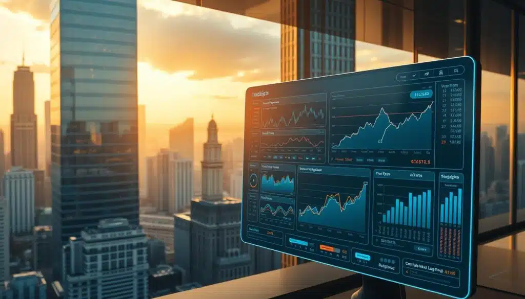 a detailed, futuristic, wide-angle rendering of a data analytics dashboard with natural language processing visualizations, set against a cityscape of skyscrapers and financial district; the dashboard displays various charts, graphs, and models related to cryptocurrency trading trends and insights, with a sleek, minimalist user interface in shades of blue and silver; the scene is illuminated by warm, directional lighting from the side, casting dramatic shadows and highlights on the dashboard elements; the overall mood is one of sophistication, innovation, and the convergence of AI, finance, and natural language processing