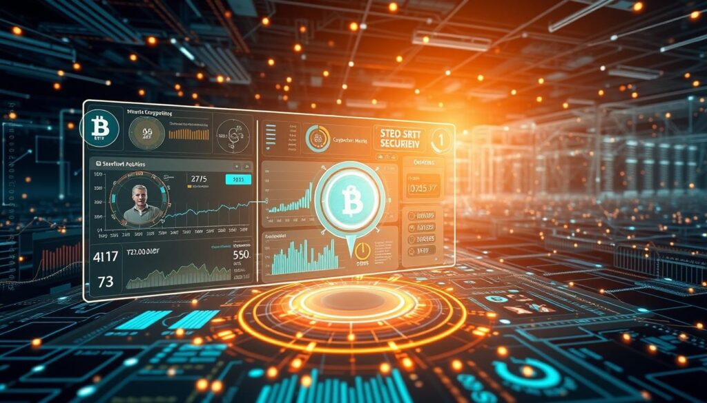 a detailed, high-resolution image of a cryptocurrency security overview, featuring a futuristic, holographic user interface with various data visualizations and security metrics. The foreground should display a central dashboard with interactive charts, graphs, and indicators tracking real-time cryptocurrency transaction activity, wallet balances, and network health. The middle ground should showcase advanced cryptographic algorithms and security protocols, represented by glowing, geometric shapes and data streams. The background should depict a vast, interconnected network of blockchain nodes and decentralized servers, with subtle lighting effects and a sense of depth and scale. The overall mood should convey a sense of technological sophistication, digital security, and the complex, dynamic nature of the cryptocurrency ecosystem.