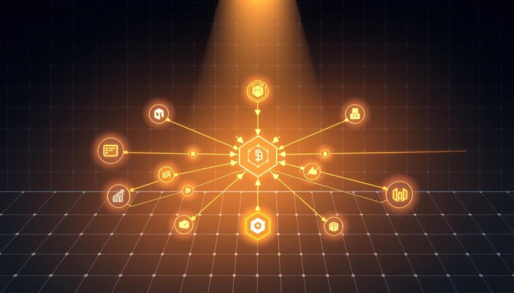 a detailed illustration of a blockchain network's consensus mechanism, featuring a central node representing the core blockchain with various interconnected nodes representing different participants, each with unique shapes and colors symbolizing their roles in the validation and verification process. The nodes are connected by glowing lines, representing the flow of transactions and data. The background is a sleek, minimalist grid pattern, adding a sense of structure and technological sophistication. Soft lighting from above casts a warm, muted glow, creating a sense of depth and emphasizing the intricate interplay of the network components. The overall composition conveys the complex, dynamic nature of a blockchain's consensus mechanism. a detailed illustration of a blockchain network's consensus mechanism, featuring a central node representing the core blockchain with various interconnected nodes representing different participants, each with unique shapes and colors symbolizing their roles in the validation and verification process. The nodes are connected by glowing lines, representing the flow of transactions and data. The background is a sleek, minimalist grid pattern, adding a sense of structure and technological sophistication. Soft lighting from above casts a warm, muted glow, creating a sense of depth and emphasizing the intricate interplay of the network components. The overall composition conveys the complex, dynamic nature of a blockchain's consensus mechanism.