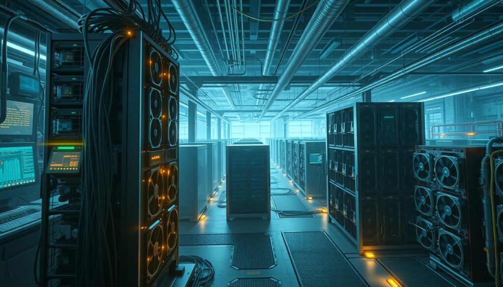 a detailed illustration of the energy consumption and environmental impact of the proof of work mechanism in blockchain mining. a dramatic, realistic scene set in a high-tech industrial facility, with complex machinery, computer displays, and cables running throughout. in the foreground, a towering mining rig with multiple GPUs and cooling systems, its lights glowing intensely. in the middle ground, a series of interconnected server racks, their fans spinning furiously. in the background, a panoramic view of the facility, with rows of mining rigs and a maze of pipes, ducts, and electrical conduits. the entire scene is bathed in a cool, bluish lighting, conveying a sense of technological power and energy consumption. the atmosphere is tense and ominous, hinting at the significant environmental toll of proof-of-work mining. a detailed illustration of the energy consumption and environmental impact of the proof of work mechanism in blockchain mining. a dramatic, realistic scene set in a high-tech industrial facility, with complex machinery, computer displays, and cables running throughout. in the foreground, a towering mining rig with multiple GPUs and cooling systems, its lights glowing intensely. in the middle ground, a series of interconnected server racks, their fans spinning furiously. in the background, a panoramic view of the facility, with rows of mining rigs and a maze of pipes, ducts, and electrical conduits. the entire scene is bathed in a cool, bluish lighting, conveying a sense of technological power and energy consumption. the atmosphere is tense and ominous, hinting at the significant environmental toll of proof-of-work mining.