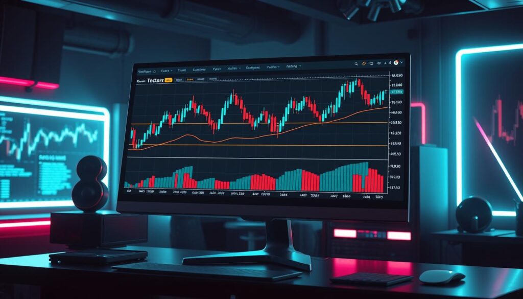 a detailed, realistic technical trading indicators chart displayed on a computer monitor, with a dark, moody, futuristic cyberpunk aesthetic. The chart shows various candlestick patterns, moving averages, and technical indicators like RSI, MACD, and Bollinger Bands. The monitor is placed on a sleek, metallic desk in a dimly lit, high-tech office environment. Neon lights and holographic elements cast a glow on the scene, creating an atmospheric and technological ambiance. The overall composition emphasizes the complexity and importance of analyzing these technical indicators for identifying potential bull market recovery signs in the cryptocurrency market. a detailed, realistic technical trading indicators chart displayed on a computer monitor, with a dark, moody, futuristic cyberpunk aesthetic. The chart shows various candlestick patterns, moving averages, and technical indicators like RSI, MACD, and Bollinger Bands. The monitor is placed on a sleek, metallic desk in a dimly lit, high-tech office environment. Neon lights and holographic elements cast a glow on the scene, creating an atmospheric and technological ambiance. The overall composition emphasizes the complexity and importance of analyzing these technical indicators for identifying potential bull market recovery signs in the cryptocurrency market.