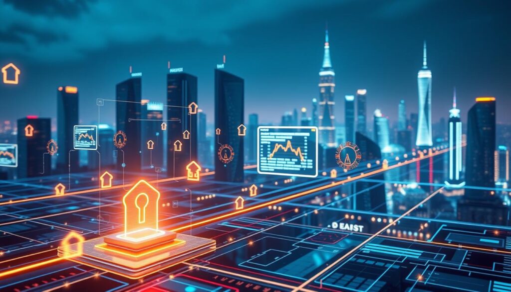 a detailed scene of blockchain technology integration in real-world applications, with a focus on the connection between blockchain and legacy systems. in the foreground, a series of secure blockchain transactions are being processed, represented by floating virtual ledgers and cryptographic hashes. in the middle ground, a legacy database system is seamlessly integrated with the blockchain, symbolizing the bridging of old and new technologies. the background features a futuristic cityscape, with towering skyscrapers and glowing holographic interfaces, conveying a sense of innovation and progress. the scene is illuminated by cool, blue-tinted lighting, creating a sleek, high-tech atmosphere. the overall composition suggests the powerful synergy between blockchain and traditional systems, enabling new possibilities in the digital landscape. a detailed scene of blockchain technology integration in real-world applications, with a focus on the connection between blockchain and legacy systems. in the foreground, a series of secure blockchain transactions are being processed, represented by floating virtual ledgers and cryptographic hashes. in the middle ground, a legacy database system is seamlessly integrated with the blockchain, symbolizing the bridging of old and new technologies. the background features a futuristic cityscape, with towering skyscrapers and glowing holographic interfaces, conveying a sense of innovation and progress. the scene is illuminated by cool, blue-tinted lighting, creating a sleek, high-tech atmosphere. the overall composition suggests the powerful synergy between blockchain and traditional systems, enabling new possibilities in the digital landscape.