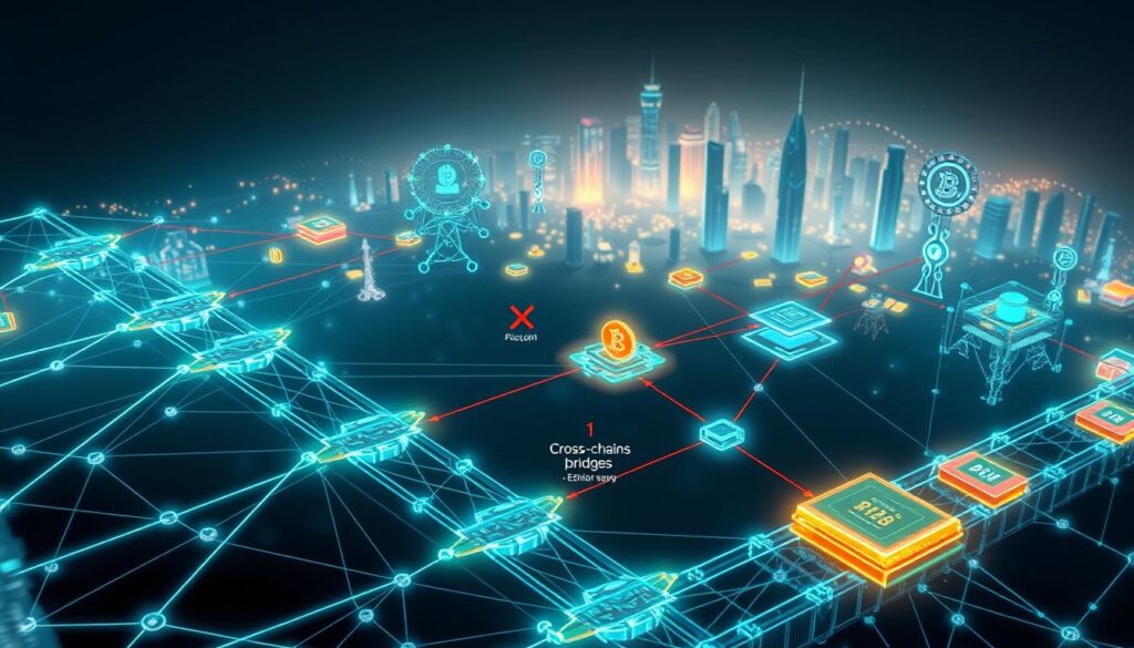 a detailed, technical illustration of blockchain asset transfer mechanisms, viewed from an isometric angle. the foreground depicts a blockchain network with interconnected nodes, while the middle ground shows various asset transfer pathways, such as cross-chain bridges, atomic swaps, and decentralized exchanges. the background features a hazy, futuristic cityscape with skyscrapers and glowing techno-organic structures. the scene is lit by cool, diffused lighting, with highlights and shadows emphasizing the complex architecture and data flows. the overall mood is one of technological sophistication and interconnectedness. a detailed, technical illustration of blockchain asset transfer mechanisms, viewed from an isometric angle. the foreground depicts a blockchain network with interconnected nodes, while the middle ground shows various asset transfer pathways, such as cross-chain bridges, atomic swaps, and decentralized exchanges. the background features a hazy, futuristic cityscape with skyscrapers and glowing techno-organic structures. the scene is lit by cool, diffused lighting, with highlights and shadows emphasizing the complex architecture and data flows. the overall mood is one of technological sophistication and interconnectedness.