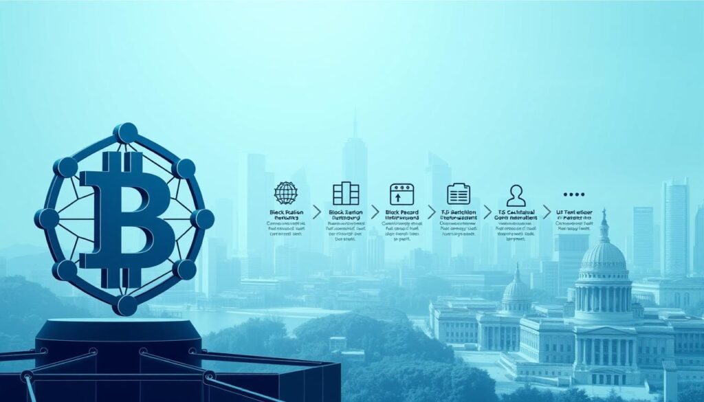 a detailed technical illustration of the blockchain implementation process, showing the key stages and components involved. in the foreground, a large blockchain icon with interconnected nodes, representing the decentralized network. in the middle ground, a series of steps depicting the process flow, such as data input, block creation, validation, and distribution. the background features a futuristic cityscape with skyscrapers and government buildings, symbolizing the integration of blockchain technology in public record management. the scene is rendered in a clean, minimalist style with a cool color palette, conveying a sense of security, efficiency, and innovation. the lighting is directional, creating depth and highlighting the technical elements. the overall composition is balanced and visually striking. a detailed technical illustration of the blockchain implementation process, showing the key stages and components involved. in the foreground, a large blockchain icon with interconnected nodes, representing the decentralized network. in the middle ground, a series of steps depicting the process flow, such as data input, block creation, validation, and distribution. the background features a futuristic cityscape with skyscrapers and government buildings, symbolizing the integration of blockchain technology in public record management. the scene is rendered in a clean, minimalist style with a cool color palette, conveying a sense of security, efficiency, and innovation. the lighting is directional, creating depth and highlighting the technical elements. the overall composition is balanced and visually striking.