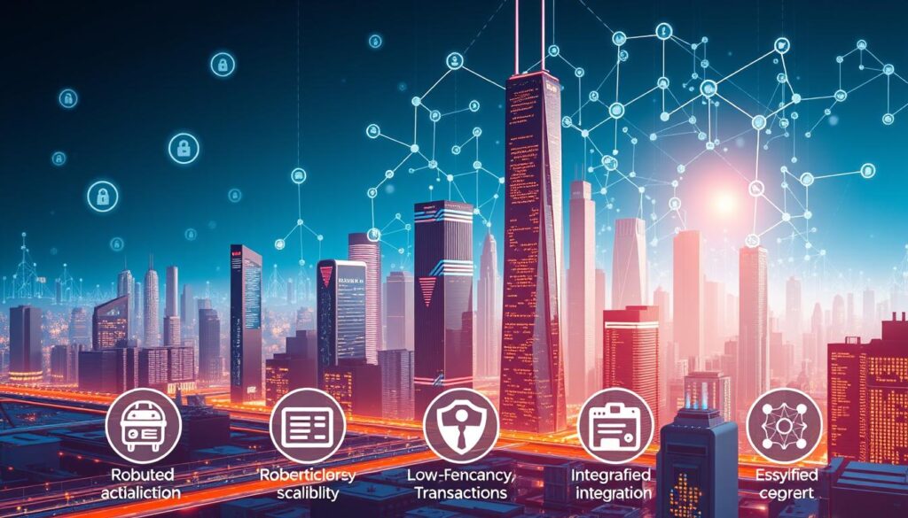 a detailed, visually striking illustration of the benefits of blockchain API developer integration tools, with a focus on security, scalability, and ease of use. The scene depicts a futuristic cityscape with towering skyscrapers, sleek interfaces, and seamless data flows, all powered by a blockchain network in the background. The foreground features prominent icons and infographic elements highlighting key advantages such as robust authentication, low-latency transactions, and simplified integration processes. The overall atmosphere conveys a sense of technological advancement, efficiency, and the transformative potential of blockchain-based API tools. Rendered in a clean, high-contrast style with dynamic lighting and camera angles to accentuate the subject matter. a detailed, visually striking illustration of the benefits of blockchain API developer integration tools, with a focus on security, scalability, and ease of use. The scene depicts a futuristic cityscape with towering skyscrapers, sleek interfaces, and seamless data flows, all powered by a blockchain network in the background. The foreground features prominent icons and infographic elements highlighting key advantages such as robust authentication, low-latency transactions, and simplified integration processes. The overall atmosphere conveys a sense of technological advancement, efficiency, and the transformative potential of blockchain-based API tools. Rendered in a clean, high-contrast style with dynamic lighting and camera angles to accentuate the subject matter.