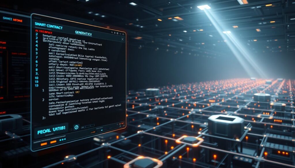 a highly detailed, cinematic digital illustration of a smart contract being generated and executed in a futuristic, decentralized environment. In the foreground, a holographic interface displays lines of code and smart contract parameters, with advanced UI elements and data visualizations. In the middle ground, a network of connected nodes and blockchain infrastructure is depicted, glowing with energy and data. In the background, a vast, ethereal landscape of interconnected servers and distributed systems, with a sense of scale and complexity. The lighting is dramatic and moody, with beams of light cutting through the shadows and hinting at the power of the underlying technology. The overall scene conveys a sense of innovation, intelligence, and the seamless integration of cutting-edge AI and blockchain capabilities.