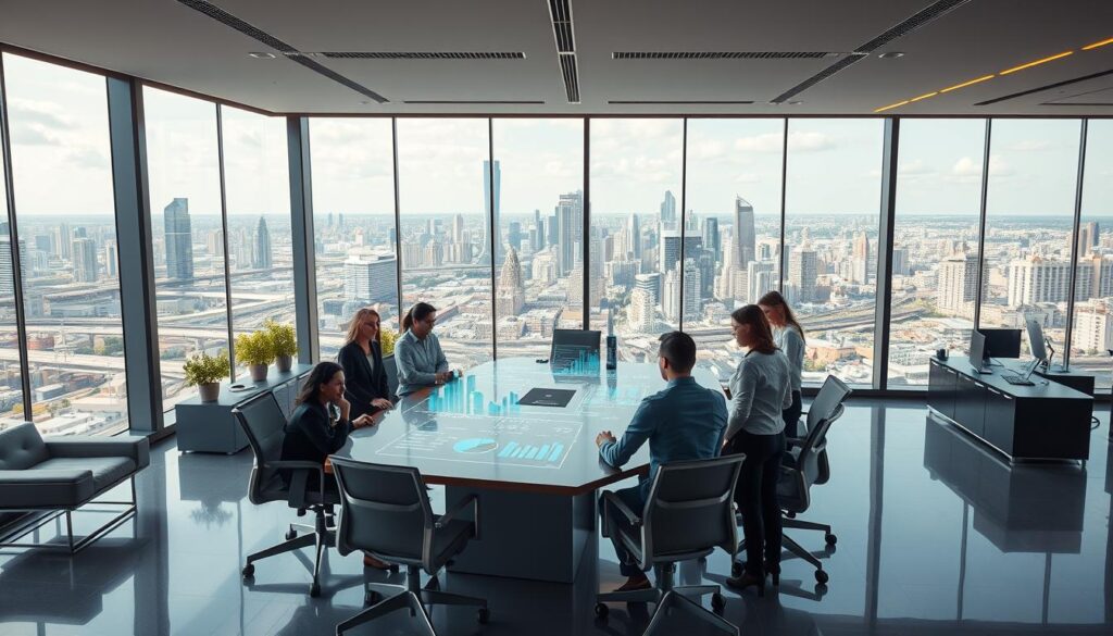 a highly detailed, photo-realistic image of "Business Operational Excellence", featuring a modern, minimalist office interior with sleek, ergonomic furniture and floor-to-ceiling windows overlooking a vibrant city skyline. In the foreground, a team of professionals in business attire collaborate around a large conference table, engaged in an animated discussion, with a holographic display projecting data visualizations and insights. The middle ground showcases an open, collaborative workspace with employees utilizing the latest AI-powered tools and software. The background depicts a bustling city, with skyscrapers and infrastructure symbolizing the technological advancements that enable seamless business operations. The scene is illuminated by warm, directional lighting, creating a sense of productivity, innovation, and operational excellence.