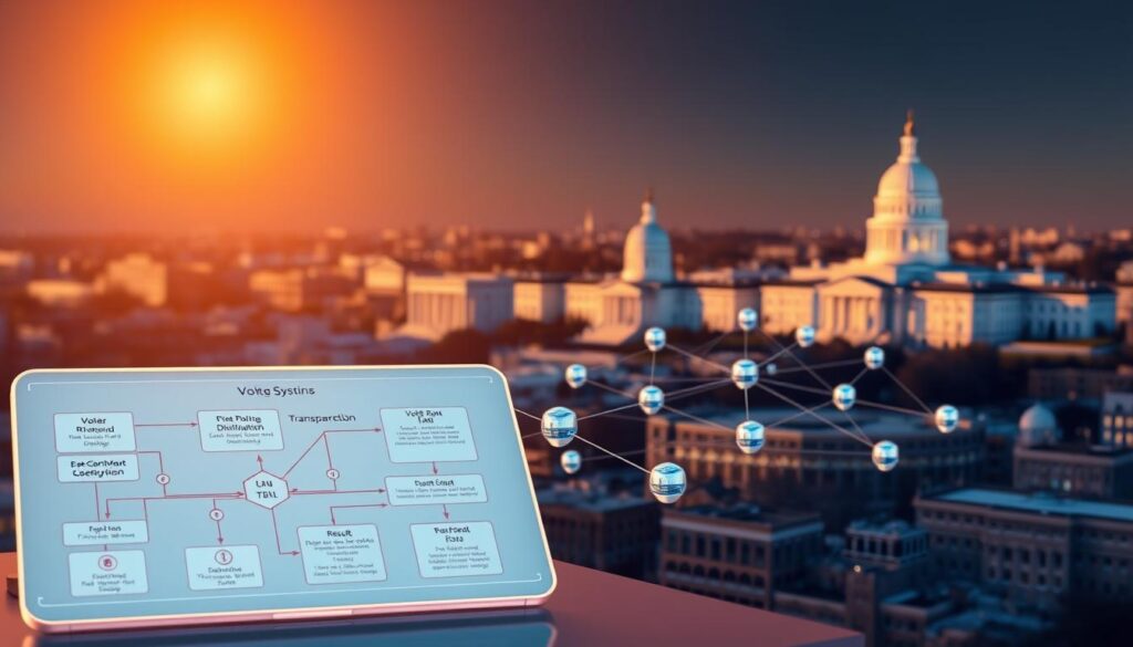 a photorealistic 3D illustration of a blockchain-powered voting systems supply chain, with a focus on transparency and security. The foreground features a detailed schematic diagram of the voting data flow, including voter registration, ballot distribution, vote tallying, and result verification. The middle ground shows a network of interconnected nodes representing the decentralized blockchain infrastructure, each node secured with cryptographic seals. The background depicts a cityscape with government buildings, conveying the integration of blockchain technology into public sector operations. The scene is illuminated by a warm, directional light source, casting subtle shadows and highlighting the technical complexity of the system. The overall atmosphere is one of efficiency, reliability, and trust in the democratic process. a photorealistic 3D illustration of a blockchain-powered voting systems supply chain, with a focus on transparency and security. The foreground features a detailed schematic diagram of the voting data flow, including voter registration, ballot distribution, vote tallying, and result verification. The middle ground shows a network of interconnected nodes representing the decentralized blockchain infrastructure, each node secured with cryptographic seals. The background depicts a cityscape with government buildings, conveying the integration of blockchain technology into public sector operations. The scene is illuminated by a warm, directional light source, casting subtle shadows and highlighting the technical complexity of the system. The overall atmosphere is one of efficiency, reliability, and trust in the democratic process.