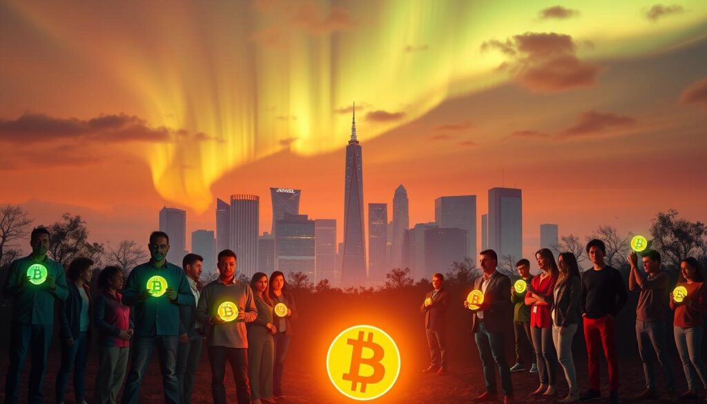a vibrant, photorealistic landscape depicting the benefits of investing in cryptocurrency exchange-traded funds (ETFs). The foreground features a group of diverse individuals, each holding a glowing cryptocurrency symbol, representing the accessibility and diversity of crypto ETFs. The middle ground showcases a towering skyline of modern financial buildings, symbolizing the integration of cryptocurrencies into traditional financial markets. In the background, a stunning aurora borealis fills the sky, evoking a sense of innovation and the boundless potential of this emerging asset class. Warm, diffused lighting creates a serene and optimistic atmosphere, inviting the viewer to explore the advantages of crypto ETFs.