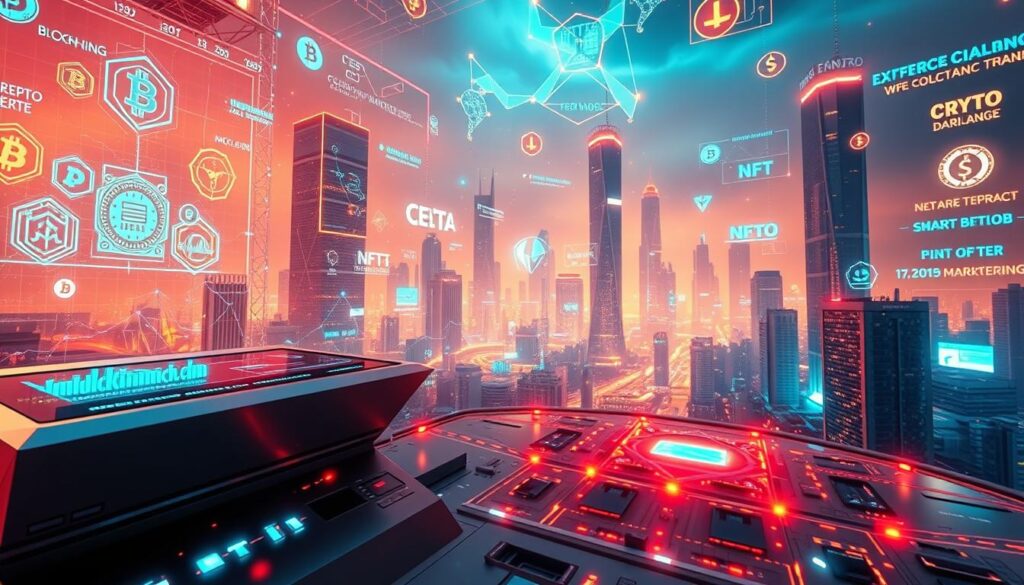 a wide-angle shot of a futuristic blockchain network landscape, with glowing neon-colored blockchain nodes, cryptocurrencies, and digital financial symbols floating in a surreal, holographic atmosphere. The foreground features a sleek, metallic cryptocurrency exchange platform with a minimalist user interface and interactive data visualizations. The middle ground showcases dynamic blockchain transactions and smart contract processes, represented by shimmering geometric patterns and flowing data streams. The background depicts a cityscape of skyscrapers and towers, their facades adorned with projected crypto-marketing slogans and animated NFT artworks. Warm, cyberpunk-inspired lighting casts a dreamlike glow over the entire scene, creating a sense of technological wonder and the transformative power of blockchain in the world of digital marketing. a wide-angle shot of a futuristic blockchain network landscape, with glowing neon-colored blockchain nodes, cryptocurrencies, and digital financial symbols floating in a surreal, holographic atmosphere. The foreground features a sleek, metallic cryptocurrency exchange platform with a minimalist user interface and interactive data visualizations. The middle ground showcases dynamic blockchain transactions and smart contract processes, represented by shimmering geometric patterns and flowing data streams. The background depicts a cityscape of skyscrapers and towers, their facades adorned with projected crypto-marketing slogans and animated NFT artworks. Warm, cyberpunk-inspired lighting casts a dreamlike glow over the entire scene, creating a sense of technological wonder and the transformative power of blockchain in the world of digital marketing.