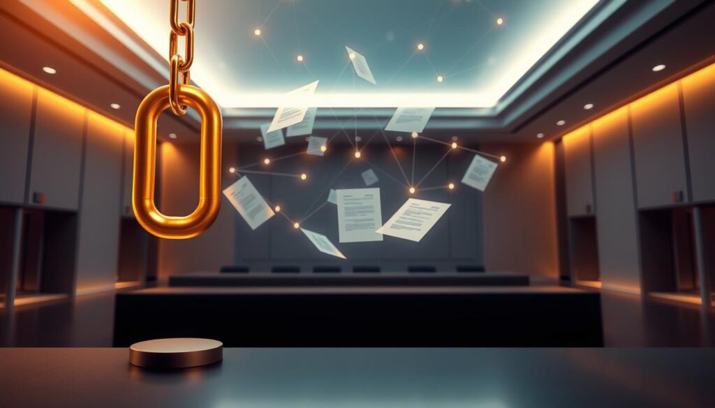 an innovative patent strategy through blockchain technology, showing a futuristic and abstract legal system. in the foreground, a golden chain link representing a blockchain record, hovering above a sleek table. in the middle ground, translucent digital contracts and paperwork float in the air, secured by a network of glowing lines. in the background, a minimalist courtroom with sleek architectural design, filled with an aura of innovation and technological progress. the lighting is dramatic, with warm tones and dramatic shadows, conveying a sense of dynamism and disruption. the overall atmosphere is one of cutting-edge legal solutions empowered by blockchain, representing the future of intellectual property protection.