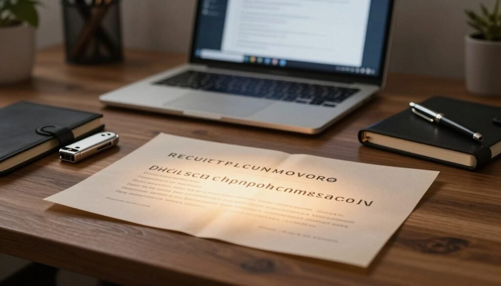 A beautifully arranged close-up image of a secure crypto wallet recovery phrase displayed elegantly on a wooden desk. In the foreground, a neatly folded, high-quality piece of parchment paper reveals a series of alphanumeric characters representing the seed phrase, glowing subtly under ambient warm light. Surrounding the parchment are sleek, modern security tools such as a high-tech metal flash drive and a stylish, yet sturdy, notebook with pen, symbolizing effective storage methods. The middle ground features a softly blurred laptop displaying encryption software, implying advanced technology at work. The background showcases a softly lit room with dark wood accents, exuding an atmosphere of security and professionalism. The perspective is slightly elevated, capturing the entirety of this organized workspace, emphasizing the importance of safeguarding digital assets in a cozy yet serious setting.