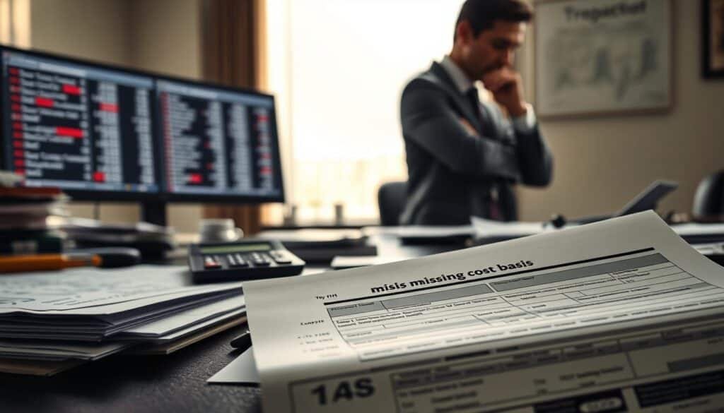 A business office setting showcasing a desk cluttered with documents and financial reports. In the foreground, a partially completed tax form with vital fields marked as missing stands out, symbolizing "missing cost basis". The middle ground features a calculator and a computer screen displaying complex crypto transaction data with red flags indicating inaccuracies. In the background, an open window letting in soft, natural light casts gentle shadows, creating a serious yet hopeful atmosphere. Professional business attire is worn by a blurred figure, appearing deep in thought, representing the stress of dealing with incomplete tax information. The overall mood reflects urgency and the need for careful attention to detail in financial reporting. A business office setting showcasing a desk cluttered with documents and financial reports. In the foreground, a partially completed tax form with vital fields marked as missing stands out, symbolizing "missing cost basis". The middle ground features a calculator and a computer screen displaying complex crypto transaction data with red flags indicating inaccuracies. In the background, an open window letting in soft, natural light casts gentle shadows, creating a serious yet hopeful atmosphere. Professional business attire is worn by a blurred figure, appearing deep in thought, representing the stress of dealing with incomplete tax information. The overall mood reflects urgency and the need for careful attention to detail in financial reporting.