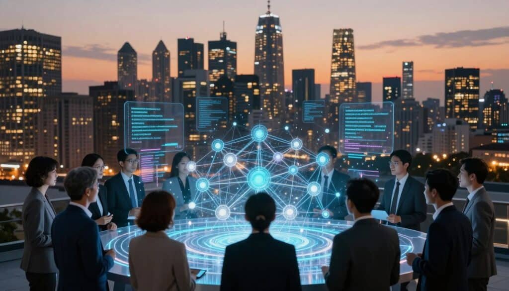 A bustling city skyline at dusk serves as the backdrop, with soft, glowing lights reflecting a sense of connectivity and innovation. In the foreground, a diverse group of professionals in business attire gather around a translucent digital display showcasing a vibrant, floating 3D representation of a public blockchain network, emphasizing transparency and accessibility. The middle layer features intricate lines of code and data blocks, glowing softly, as if alive, symbolizing the decentralized nature of public blockchains. The lighting is warm yet dynamic, with the city backlighting providing a contrast to the cooler tones of the digital elements. The mood is optimistic and forward-looking, representing the benefits and challenges of public blockchain networks in a visually engaging manner.
