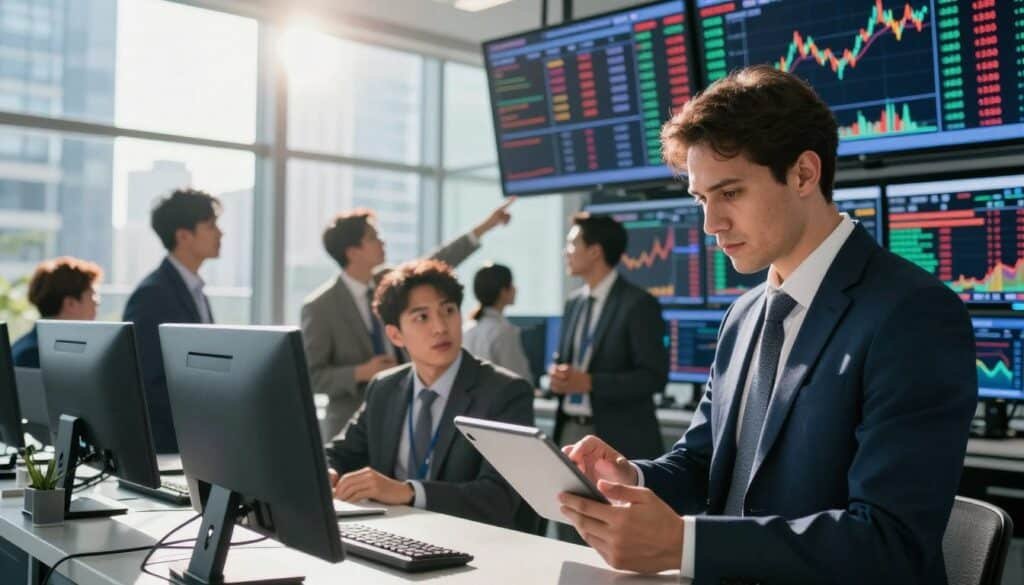 A bustling financial trading floor set in a modern office environment, featuring several stock market screens displaying charts and graphs that reflect various market sentiments. In the foreground, a professional business analyst, dressed in a sharp suit, closely examines data on a tablet, with focused expressions on their face. In the middle, diverse investors and traders, engaged in intense discussions, point towards a large electronic display showcasing bullish and bearish indicators. The background includes glass walls with city skyline views, illuminated by natural sunlight filtering through, creating a vibrant and energetic atmosphere. Soft lens flares enhance the overall brightness, emphasizing the importance of market sentiment analysis for informed investing decisions. The scene conveys a sense of urgency and professionalism.