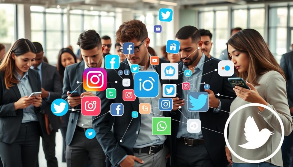 A bustling social media environment capturing the essence of digital interactions. In the foreground, a diverse group of professionals in smart casual attire are intently discussing on their smartphones, showcasing various social media applications with vibrant icons. The middle ground features a montage of popular social media platform logos like Facebook, Instagram, and Twitter, interconnected with dynamic lines representing trends and connections. The background depicts a bright, modern office space with large windows letting in soft natural light, creating an engaging yet professional atmosphere. The scene conveys the urgency and excitement of online interactions while hinting at the potential pitfalls of fake giveaways. The overall mood is alert and informative, inviting viewers to understand the complexities of social media engagement. A bustling social media environment capturing the essence of digital interactions. In the foreground, a diverse group of professionals in smart casual attire are intently discussing on their smartphones, showcasing various social media applications with vibrant icons. The middle ground features a montage of popular social media platform logos like Facebook, Instagram, and Twitter, interconnected with dynamic lines representing trends and connections. The background depicts a bright, modern office space with large windows letting in soft natural light, creating an engaging yet professional atmosphere. The scene conveys the urgency and excitement of online interactions while hinting at the potential pitfalls of fake giveaways. The overall mood is alert and informative, inviting viewers to understand the complexities of social media engagement.