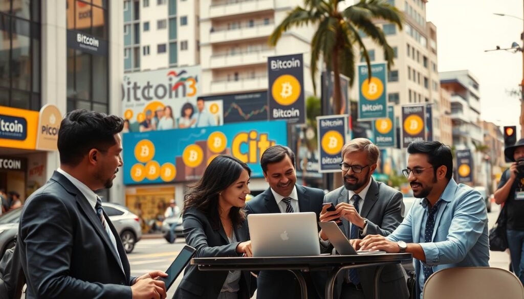 A bustling street scene in El Salvador, showcasing a diverse group of business people engaged in animated discussions about Bitcoin. In the foreground, a group of three professionals wearing smart business attire, representing different ethnic backgrounds, gather around a table with laptops and smartphones, analyzing Bitcoin trends. In the middle ground, colorful banners and street art highlight the public sentiment towards Bitcoin, with images of coins and graphs. The background features a view of modern buildings alongside traditional architecture, symbolizing the blend of innovation and heritage. Bright, warm lighting enhances the optimistic mood, while a slightly elevated angle captures the vibrancy of the scene, inviting viewers into the conversation about Bitcoin's impact on local business and public opinion.