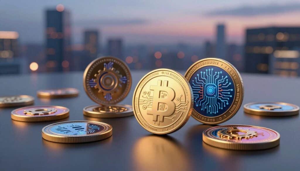 A captivating digital illustration depicting a collection of vibrant AI-themed crypto coins scattered across a sleek, modern surface. In the foreground, showcase a few distinctive coins with intricate designs, featuring motifs related to artificial intelligence and technology—such as circuits, neural networks, and gears. In the middle ground, include partially blurred reflections of more coins, hinting at a larger assortment. The background should feature a soft-focus cityscape at dusk, with twinkling lights that evoke a sense of innovation and growth. Use dramatic, warm lighting to highlight the coins and create a dynamic contrast against the cool, tranquil hues of the background. The overall mood should be forward-thinking and inspiring, emphasizing the growing power of AI in the crypto landscape.