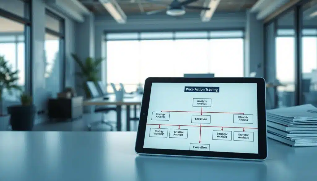 A clean and organized workflow chart for price action trading, set in a modern office environment. In the foreground, feature a sleek digital tablet displaying a clear flowchart with labeled sections for analysis, strategy formulation, and execution, all in a minimalist style. In the middle ground, include a stylish desk with essential trading tools, such as a laptop and a strategic market analysis report. The background showcases a large window with natural light streaming in, illuminating the space, creating a productive and focused atmosphere. Use a subtle blue color palette to evoke professionalism and clarity. Capture the scene from a slightly elevated angle to provide an expansive view of the workspace. Convey a sense of order, focus, and dedication to the trading process.